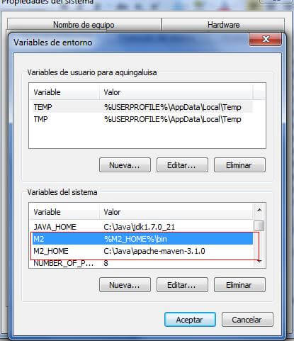 variables de entorno de Maven y Java